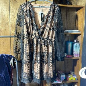 Boohoo Black Lace Overlay Beige Dress